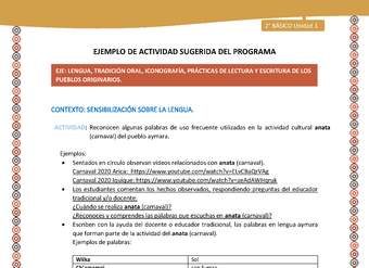 Actividad sugerida Nº 2 - LC02 -AYM-U1-02-2B-LS-Reconocen algunas palabras de uso frecuente utilizadas en la actividad cultural anata (carnaval) del pueblo aymara. Actividad sugerida Nº 2 - LC02 -AYM-U1-02-2B-LS-Reconocen algunas palabras de uso frecuente utilizadas en la actividad cultural anata (carnaval) del pueblo aymara.