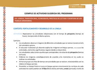 Actividad sugerida Nº 8 - LC02 - AYM-U1-08-2B-LF-Representan las actividades relacionadas con el tiempo de jallupacha (tiempo de lluvia), incorporando el idioma aymara. Actividad sugerida Nº 8 - LC02 - AYM-U1-08-2B-LF-Representan las actividades relacionadas con el tiempo de jallupacha (tiempo de lluvia), incorporando el idioma aymara.