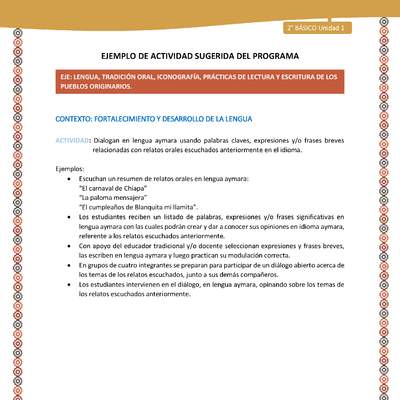 Actividad sugerida Nº 9 - LC02 - AYM-U1-09-2B-LF-Dialogan en lengua aymara usando palabras claves expresiones y o frases breves relacionadas con relatos orales escuchados anteriormente en el idioma. Actividad sugerida Nº 9 - LC02 - AYM-U1-09-2B-LF-Dialogan en lengua aymara usando palabras claves expresiones y o frases breves relacionadas con relatos orales escuchados anteriormente en el idioma.