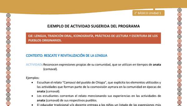 Actividad sugerida Nº 4 - LC02 - AYM-U1-04-2B-LR-Reconocen expresiones propias de su comunidad, que se utilizan en tiempos de anata (carnaval). Actividad sugerida Nº 4 - LC02 - AYM-U1-04-2B-LR-Reconocen expresiones propias de su comunidad, que se utilizan en tiempos de anata (carnaval).