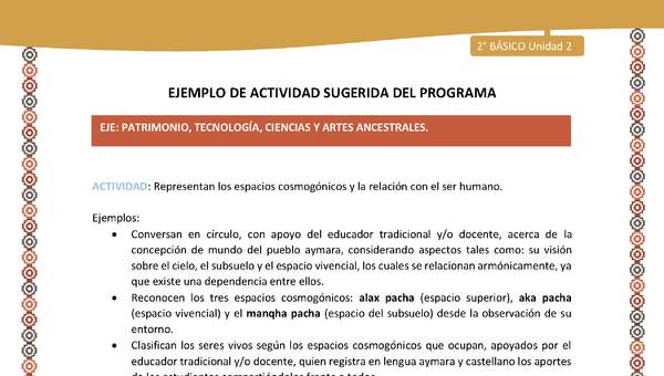 Actividad sugerida Nº 17- LC02 - AYM-U2-01-EP- Representan los espacios cosmogónicos y la relación con el ser humano. Actividad sugerida Nº 17- LC02 - AYM-U2-01-EP- Representan los espacios cosmogónicos y la relación con el ser humano.