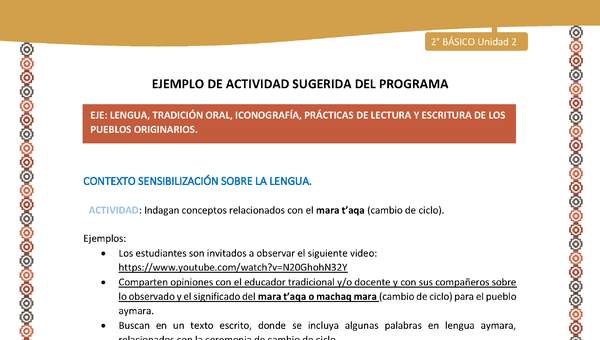 Actividad sugerida Nº 3- LC02 - AYM-U2-01-LS- Indagan conceptos relacionados con el mara t’aqa (cambio de ciclo). Actividad sugerida Nº 3- LC02 - AYM-U2-01-LS- Indagan conceptos relacionados con el mara t’aqa (cambio de ciclo).