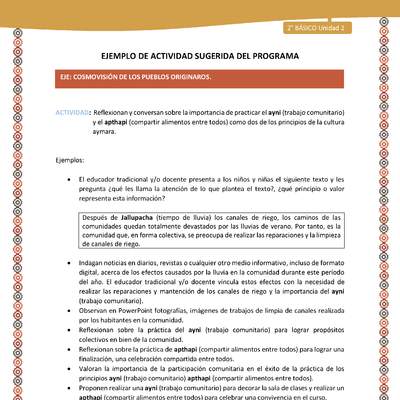 Actividad sugerida Nº 14- LC02 - AYM-U2-01-ECO- Reflexionan y conversan sobre la importancia de practicar el ayni (trabajo comunitario) y el apthapi (compartir alimentos entre todos) como dos de los principios de la cultura aymara. Actividad sugerida Nº 14- LC02 - AYM-U2-01-ECO- Reflexionan y conversan sobre la importancia de practicar el ayni (trabajo comunitario) y el apthapi (compartir alimentos entre todos) como dos de los principios de la cultura aymara.