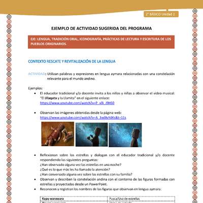 Actividad sugerida Nº 5- LC02 - AYM-U2-01-LR- Utilizan palabras y expresiones en lengua aymara relacionadas con una constelación relevante para el mundo andino. Actividad sugerida Nº 5- LC02 - AYM-U2-01-LR- Utilizan palabras y expresiones en lengua aymara relacionadas con una constelación relevante para el mundo andino.