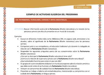 Actividad sugerida Nº 16- LC02 - AYM-U2-01-EP- Buscan información acerca de la Pachamama (Madre naturaleza) y la relación de las personas aymara con ella y la presentan en un mural de la escuela. Actividad sugerida Nº 16- LC02 - AYM-U2-01-EP- Buscan información acerca de la Pachamama (Madre naturaleza) y la relación de las personas aymara con ella y la presentan en un mural de la escuela.