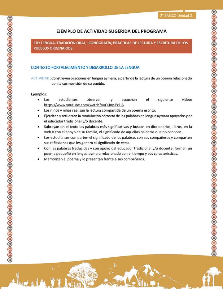 Actividad sugerida Nº 8- LC02 - AYM-U2-01-LF- Construyen oraciones en lengua aymara, a partir de la lectura de un poema relacionado con la cosmovisión de su pueblo. Actividad sugerida Nº 8- LC02 - AYM-U2-01-LF- Construyen oraciones en lengua aymara, a partir de la lectura de un poema relacionado con la cosmovisión de su pueblo.