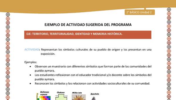 Actividad sugerida Nº 12- LC02 - AYM-U2-01-ET- Representan los símbolos culturales de su pueblo de origen y los presentan en una exposición. Actividad sugerida Nº 12- LC02 - AYM-U2-01-ET- Representan los símbolos culturales de su pueblo de origen y los presentan en una exposición.
