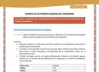 Actividad sugerida Nº 2- LC02 - AYM-U2-01-LS- Utilizan conceptos en lengua aymara que se relacionan con los elementos del espacio superior: astros, estrellas y otros elementos de la naturaleza. Actividad sugerida Nº 2- LC02 - AYM-U2-01-LS- Utilizan conceptos en lengua aymara que se relacionan con los elementos del espacio superior: astros, estrellas y otros elementos de la naturaleza.