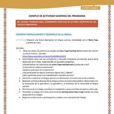 Actividad sugerida Nº 9- LC02 - AYM-U2-01-LF-  Preparan una breve descripción en lengua aymara, relacionada con el Mara t’aqa (cambio de ciclo). Actividad sugerida Nº 9- LC02 - AYM-U2-01-LF-  Preparan una breve descripción en lengua aymara, relacionada con el Mara t’aqa (cambio de ciclo).