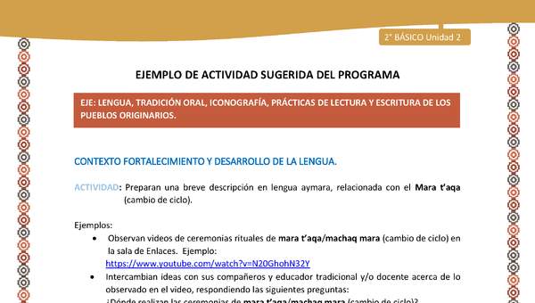 Actividad sugerida Nº 9- LC02 - AYM-U2-01-LF-  Preparan una breve descripción en lengua aymara, relacionada con el Mara t’aqa (cambio de ciclo). Actividad sugerida Nº 9- LC02 - AYM-U2-01-LF-  Preparan una breve descripción en lengua aymara, relacionada con el Mara t’aqa (cambio de ciclo).
