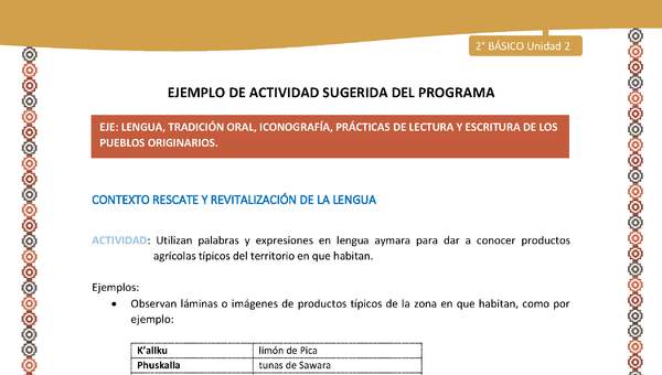 Actividad sugerida Nº 4- LC02 - AYM-U2-01-LR- Utilizan palabras y expresiones en lengua aymara para dar a conocer productos agrícolas típicos del territorio en que habitan. Actividad sugerida Nº 4- LC02 - AYM-U2-01-LR- Utilizan palabras y expresiones en lengua aymara para dar a conocer productos agrícolas típicos del territorio en que habitan.