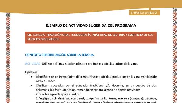 Actividad sugerida Nº 1- LC02 - AYM-U2-01-LS-Utilizan palabras relacionadas con productos agrícolas típicos de la zona Actividad sugerida Nº 1- LC02 - AYM-U2-01-LS-Utilizan palabras relacionadas con productos agrícolas típicos de la zona