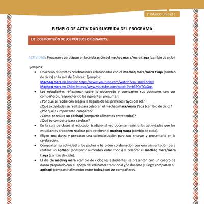 Actividad sugerida Nº 15- LC02 - AYM-U2-01-ECO- Preparan y participan en la celebración del machaq mara/mara t’aqa (cambio de ciclo). Actividad sugerida Nº 15- LC02 - AYM-U2-01-ECO- Preparan y participan en la celebración del machaq mara/mara t’aqa (cambio de ciclo).