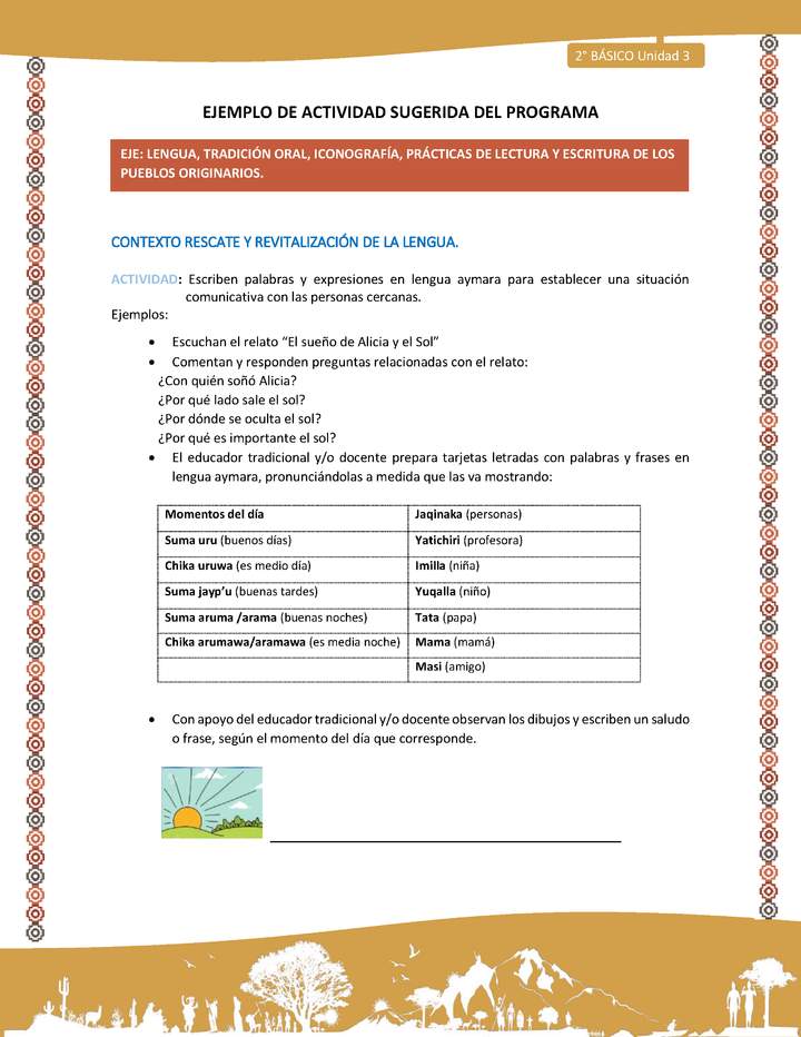 Actividad sugerida Nº 3- LC02 - AYM-U3-LR-Escriben palabras y expresiones en lengua aymara para establecer una situación comunicativa con las personas cercanas Actividad sugerida Nº 3- LC02 - AYM-U3-LR-Escriben palabras y expresiones en lengua aymara para establecer una situación comunicativa con las personas cercanas