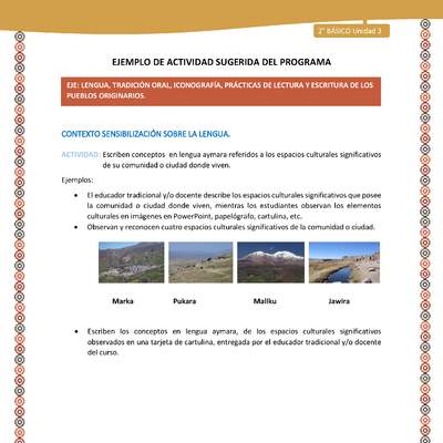 Actividad sugerida Nº 2- LC02 - AYM-U3-LS-LS-Escriben conceptos  en lengua aymara referidos a los espacios culturales significativos de su comunidad o ciudad donde viven Actividad sugerida Nº 2- LC02 - AYM-U3-LS-LS-Escriben conceptos  en lengua aymara referidos a los espacios culturales significativos de su comunidad o ciudad donde viven