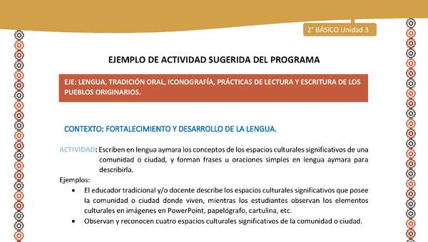 Actividad sugerida Nº 6- LC02 - AYM-U3-LF- -Escriben en lengua aymara los conceptos de los espacios culturales significativos de una comunidad o ciudad, y forman frases u oraciones simples en lengua aymara para describirla Actividad sugerida Nº 6- LC02 - AYM-U3-LF- -Escriben en lengua aymara los conceptos de los espacios culturales significativos de una comunidad o ciudad, y forman frases u oraciones simples en lengua aymara para describirla