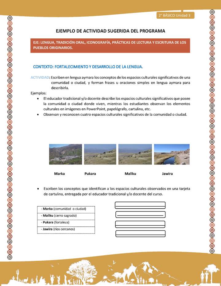 Actividad sugerida Nº 6- LC02 - AYM-U3-LF- -Escriben en lengua aymara los conceptos de los espacios culturales significativos de una comunidad o ciudad, y forman frases u oraciones simples en lengua aymara para describirla Actividad sugerida Nº 6- LC02 - AYM-U3-LF- -Escriben en lengua aymara los conceptos de los espacios culturales significativos de una comunidad o ciudad, y forman frases u oraciones simples en lengua aymara para describirla