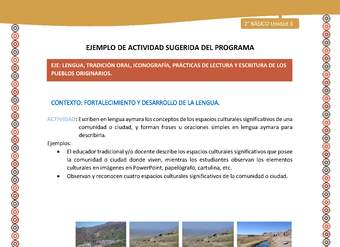 Actividad sugerida Nº 6- LC02 - AYM-U3-LF- -Escriben en lengua aymara los conceptos de los espacios culturales significativos de una comunidad o ciudad, y forman frases u oraciones simples en lengua aymara para describirla Actividad sugerida Nº 6- LC02 - AYM-U3-LF- -Escriben en lengua aymara los conceptos de los espacios culturales significativos de una comunidad o ciudad, y forman frases u oraciones simples en lengua aymara para describirla