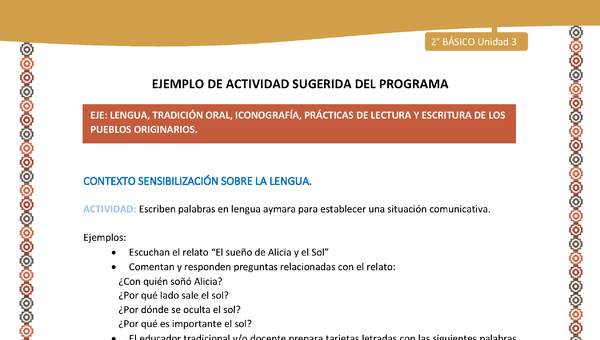 Actividad sugerida Nº 1- LC02 - AYM-U3-LS-Escriben palabras en lengua aymara para establecer una situación comunicativa Actividad sugerida Nº 1- LC02 - AYM-U3-LS-Escriben palabras en lengua aymara para establecer una situación comunicativa