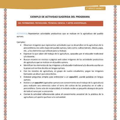 Actividad sugerida Nº 13- LC02 - AYM-U3-13-AYM-U4-13-2B- EP-Representan actividades productivas que se realizan en la agricultura del pueblo aymara. Actividad sugerida Nº 13- LC02 - AYM-U3-13-AYM-U4-13-2B- EP-Representan actividades productivas que se realizan en la agricultura del pueblo aymara.