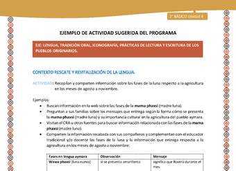 Actividad sugerida Nº 4- LC02 - AYM-U3- 4-AYM-U4-04-2B-LR-Recopilan y comparten información sobre las fases de la luna respecto a la agricultura en los meses de agosto a noviembre. Actividad sugerida Nº 4- LC02 - AYM-U3- 4-AYM-U4-04-2B-LR-Recopilan y comparten información sobre las fases de la luna respecto a la agricultura en los meses de agosto a noviembre.
