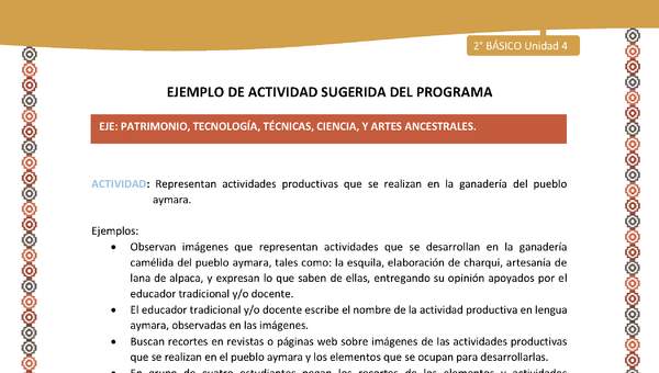 Actividad sugerida Nº 12- LC02 - AYM-U3-12-AYM-U4-12-2B- EP-Representan actividades productivas que se realizan en la ganadería del pueblo aymara. Actividad sugerida Nº 12- LC02 - AYM-U3-12-AYM-U4-12-2B- EP-Representan actividades productivas que se realizan en la ganadería del pueblo aymara.