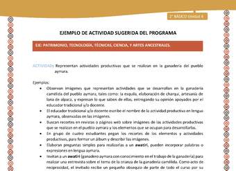 Actividad sugerida Nº 12- LC02 - AYM-U3-12-AYM-U4-12-2B- EP-Representan actividades productivas que se realizan en la ganadería del pueblo aymara. Actividad sugerida Nº 12- LC02 - AYM-U3-12-AYM-U4-12-2B- EP-Representan actividades productivas que se realizan en la ganadería del pueblo aymara.