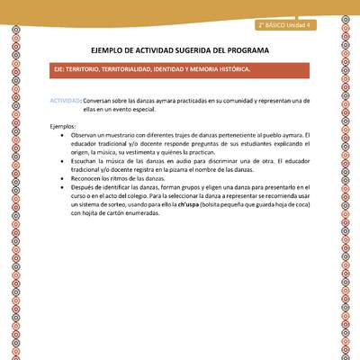 Actividad sugerida Nº 8- LC02 - AYM-U2-8-AYM-U4-08-2B-ET-Conversan sobre las danzas aymara practicadas en su comunidad y representan una de ellas en un evento especial. Actividad sugerida Nº 8- LC02 - AYM-U2-8-AYM-U4-08-2B-ET-Conversan sobre las danzas aymara practicadas en su comunidad y representan una de ellas en un evento especial.