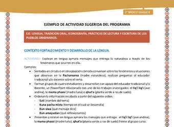 Actividad sugerida Nº 5- LC02 - AYM-U3- 5-AYM-U4-05-2B-LF-Explican en lengua aymara mensajes que entrega la naturaleza a través de los fenómenos que ocurren en ella Actividad sugerida Nº 5- LC02 - AYM-U3- 5-AYM-U4-05-2B-LF-Explican en lengua aymara mensajes que entrega la naturaleza a través de los fenómenos que ocurren en ella