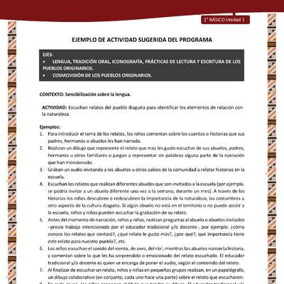 Actividad sugerida: LC01 - Diaguita - U1 - N°1: ESCUCHAN RELATOS DEL PUEBLO DIAGUITA PARA IDENTIFICAR LOS ELEMENTOS DE RELACIÓN CON LA NATURALEZA. Actividad sugerida: LC01 - Diaguita - U1 - N°1: ESCUCHAN RELATOS DEL PUEBLO DIAGUITA PARA IDENTIFICAR LOS ELEMENTOS DE RELACIÓN CON LA NATURALEZA.