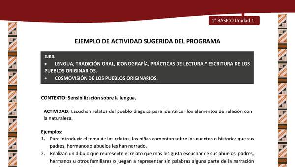 Actividad sugerida: LC01 - Diaguita - U1 - N°1: ESCUCHAN RELATOS DEL PUEBLO DIAGUITA PARA IDENTIFICAR LOS ELEMENTOS DE RELACIÓN CON LA NATURALEZA. Actividad sugerida: LC01 - Diaguita - U1 - N°1: ESCUCHAN RELATOS DEL PUEBLO DIAGUITA PARA IDENTIFICAR LOS ELEMENTOS DE RELACIÓN CON LA NATURALEZA.