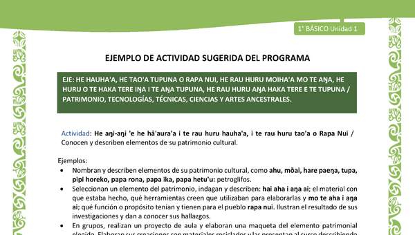 Actividad sugerida LC01 - Rapa Nui - U1 - N°16: Conocen y describen elementos de su patrimonio cultural. Actividad sugerida LC01 - Rapa Nui - U1 - N°16: Conocen y describen elementos de su patrimonio cultural.