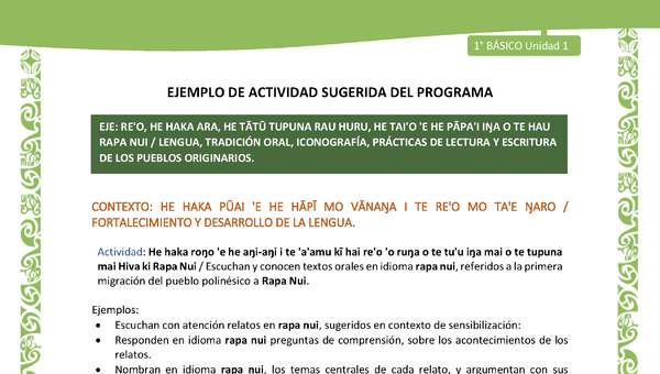 Actividad sugerida LC01 - Rapa Nui - U1 - N°09: Escuchan y conocen textos orales en idioma rapa nui, referidos a la primera migración del pueblo polinésico a Rapa Nui. Actividad sugerida LC01 - Rapa Nui - U1 - N°09: Escuchan y conocen textos orales en idioma rapa nui, referidos a la primera migración del pueblo polinésico a Rapa Nui.