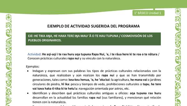 Actividad sugerida LC01 - Rapa Nui - U1 - N°15: Conocen prácticas culturales rapa nui y su vínculo con la naturaleza. Actividad sugerida LC01 - Rapa Nui - U1 - N°15: Conocen prácticas culturales rapa nui y su vínculo con la naturaleza.