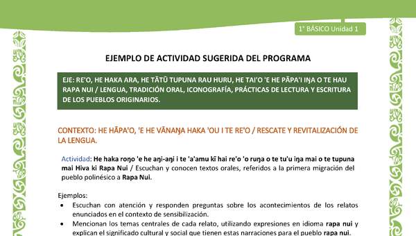 Actividad sugerida LC01 - Rapa Nui - U1 - N°05: Escuchan y conocen textos orales, referidos a la primera migración del pueblo polinésico a Rapa Nui. Actividad sugerida LC01 - Rapa Nui - U1 - N°05: Escuchan y conocen textos orales, referidos a la primera migración del pueblo polinésico a Rapa Nui.