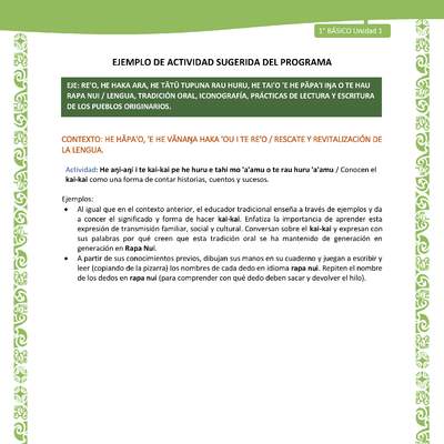 Actividad sugerida LC01 - Rapa Nui - U1 - N°07: Conocen el kai-kai como una forma de contar historias, cuentos y sucesos. Actividad sugerida LC01 - Rapa Nui - U1 - N°07: Conocen el kai-kai como una forma de contar historias, cuentos y sucesos.