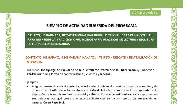 Actividad sugerida LC01 - Rapa Nui - U1 - N°07: Conocen el kai-kai como una forma de contar historias, cuentos y sucesos. Actividad sugerida LC01 - Rapa Nui - U1 - N°07: Conocen el kai-kai como una forma de contar historias, cuentos y sucesos.