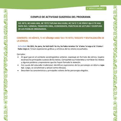 Actividad sugerida LC01 - Rapa Nui - U1 - N°06: Crean expresiones gráficas y artísticas de los relatos escuchados. Actividad sugerida LC01 - Rapa Nui - U1 - N°06: Crean expresiones gráficas y artísticas de los relatos escuchados.