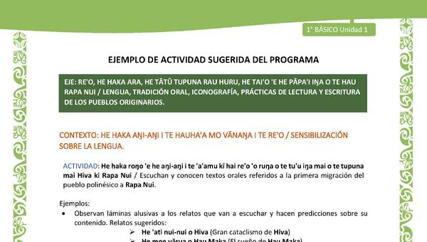 Actividad sugerida LC01 - Rapa Nui - U1 - N°01: Escuchan y conocen textos orales referidos a la primera migración del pueblo polinésico a Rapa Nui. Actividad sugerida LC01 - Rapa Nui - U1 - N°01: Escuchan y conocen textos orales referidos a la primera migración del pueblo polinésico a Rapa Nui.