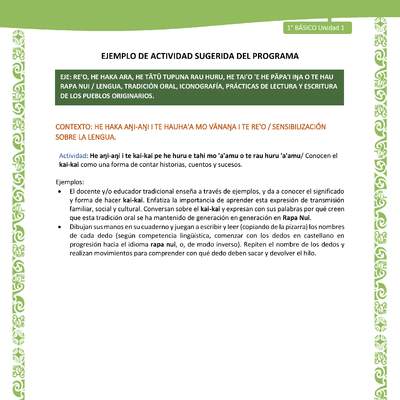 Actividad sugerida LC01 - Rapa Nui - U1 - N°03: Conocen el kai-kai como una forma de contar historias, cuentos y sucesos. Actividad sugerida LC01 - Rapa Nui - U1 - N°03: Conocen el kai-kai como una forma de contar historias, cuentos y sucesos.