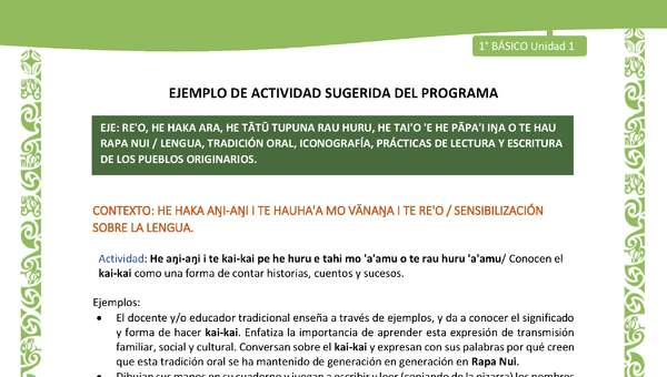 Actividad sugerida LC01 - Rapa Nui - U1 - N°03: Conocen el kai-kai como una forma de contar historias, cuentos y sucesos. Actividad sugerida LC01 - Rapa Nui - U1 - N°03: Conocen el kai-kai como una forma de contar historias, cuentos y sucesos.