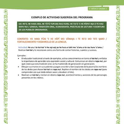 Actividad sugerida LC01 - Rapa Nui - U1 - N°11: Realizan kai-kai y lo reconocen como una forma de contar historias, cuentos y sucesos. Actividad sugerida LC01 - Rapa Nui - U1 - N°11: Realizan kai-kai y lo reconocen como una forma de contar historias, cuentos y sucesos.