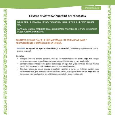 Actividad sugerida LC01 - Rapa Nui - U2 - N°32: Conocen y experimentan con la pintura corporal. Actividad sugerida LC01 - Rapa Nui - U2 - N°32: Conocen y experimentan con la pintura corporal.