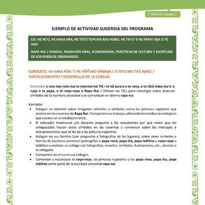 Actividad sugerida LC01 - Rapa Nui - U2 - N°31: Utilizan las TICs para investigar sobre diversos símbolos de la escritura ancestral y se comunican en idioma rapa nui. Actividad sugerida LC01 - Rapa Nui - U2 - N°31: Utilizan las TICs para investigar sobre diversos símbolos de la escritura ancestral y se comunican en idioma rapa nui.