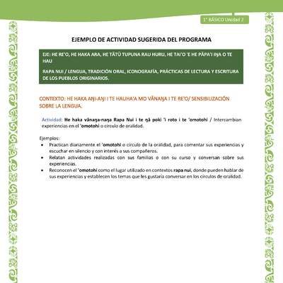 Actividad sugerida LC01 - Rapa Nui - U2 - N°17: Intercambian experiencias en el 'omotohi o círculo de oralidad. Actividad sugerida LC01 - Rapa Nui - U2 - N°17: Intercambian experiencias en el 'omotohi o círculo de oralidad.