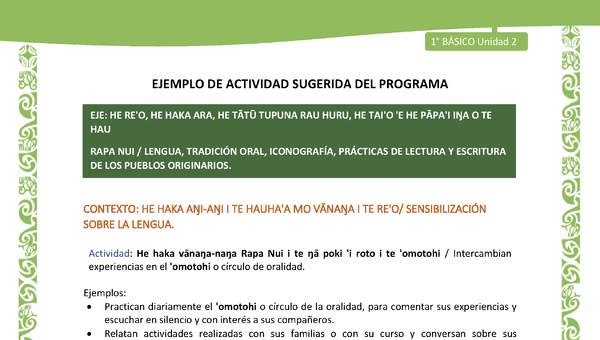 Actividad sugerida LC01 - Rapa Nui - U2 - N°17: Intercambian experiencias en el 'omotohi o círculo de oralidad. Actividad sugerida LC01 - Rapa Nui - U2 - N°17: Intercambian experiencias en el 'omotohi o círculo de oralidad.