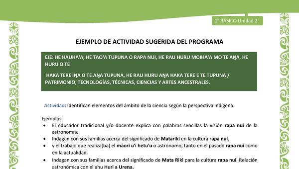 Actividad sugerida LC01 - Rapa Nui - U2 - N°41: Identifican elementos del ámbito de la ciencia según la perspectiva indígena. Actividad sugerida LC01 - Rapa Nui - U2 - N°41: Identifican elementos del ámbito de la ciencia según la perspectiva indígena.