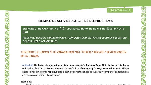 Actividad sugerida LC01 - Rapa Nui - U2 - N°23: utilizan expresiones en idioma rapa nui para describir características de lugares y compartir experiencias en torno a conocimientos del mar. Actividad sugerida LC01 - Rapa Nui - U2 - N°23: utilizan expresiones en idioma rapa nui para describir características de lugares y compartir experiencias en torno a conocimientos del mar.