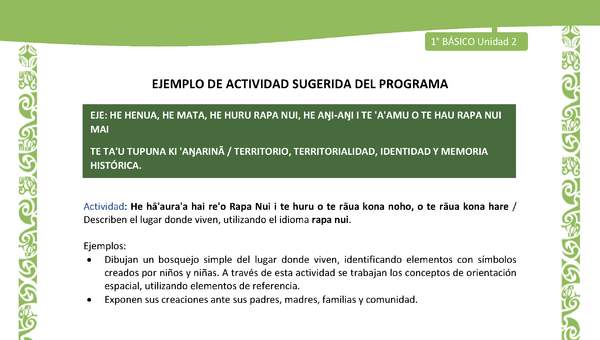 Actividad sugerida LC01 - Rapa Nui - U2 - N°36: Describen el lugar donde viven, utilizando el idioma rapa nui. Actividad sugerida LC01 - Rapa Nui - U2 - N°36: Describen el lugar donde viven, utilizando el idioma rapa nui.