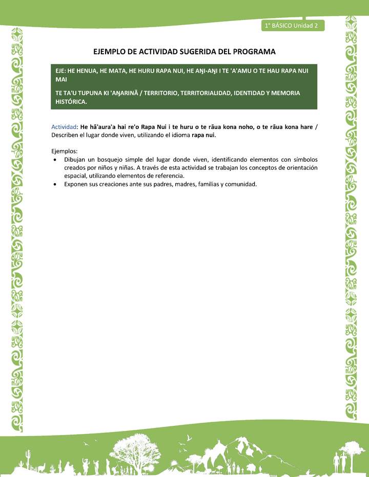 Actividad sugerida LC01 - Rapa Nui - U2 - N°36: Describen el lugar donde viven, utilizando el idioma rapa nui. Actividad sugerida LC01 - Rapa Nui - U2 - N°36: Describen el lugar donde viven, utilizando el idioma rapa nui.